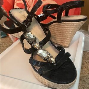 Kelly & Katie Black Wedge Sandals with Gem Accents